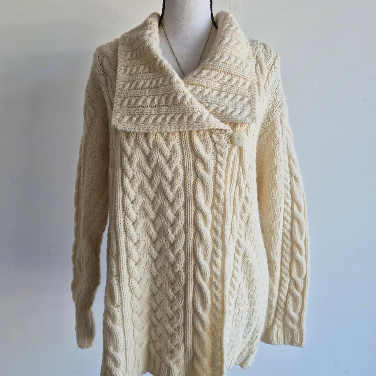 Aran Crafts Irish Merino Wool Knit Sweater Cream Cardigan Women Medium Apres Ski